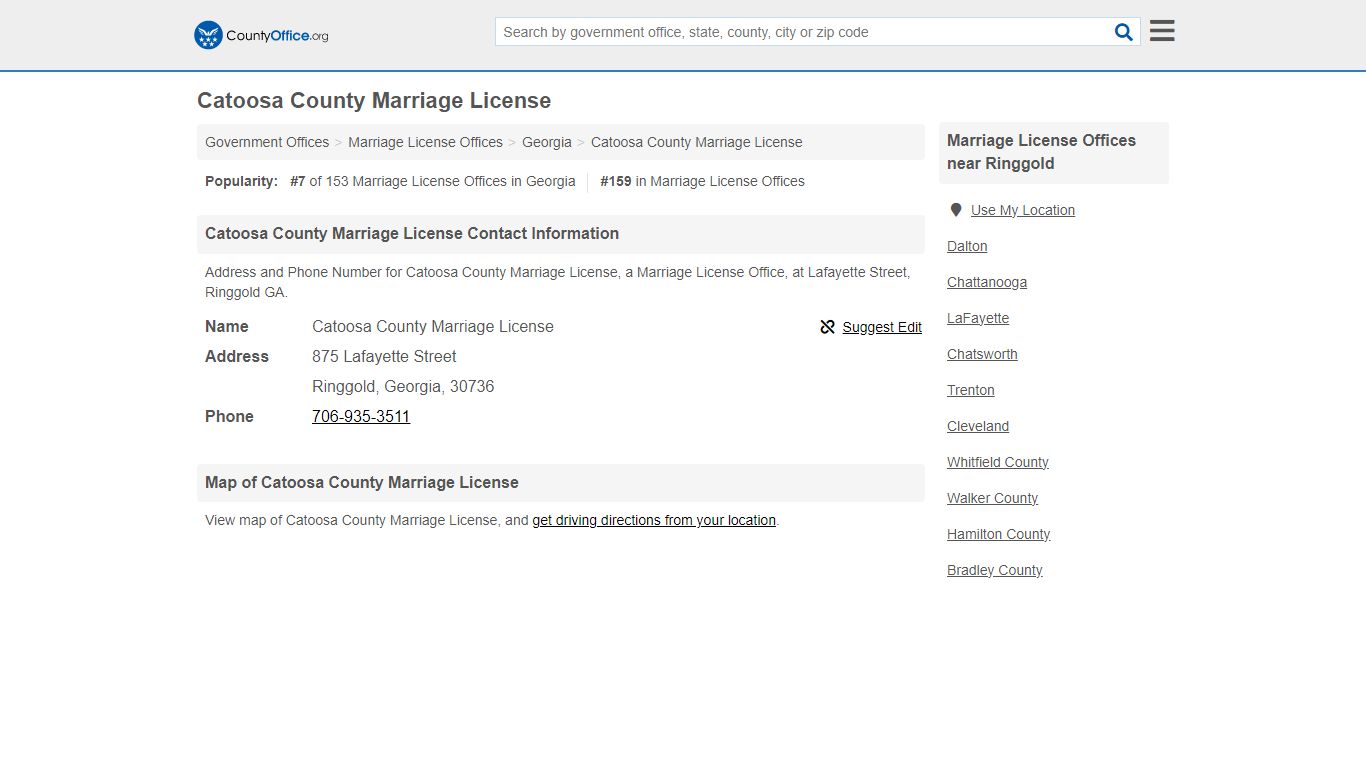 Catoosa County Marriage License - Ringgold, GA (Address and Phone)